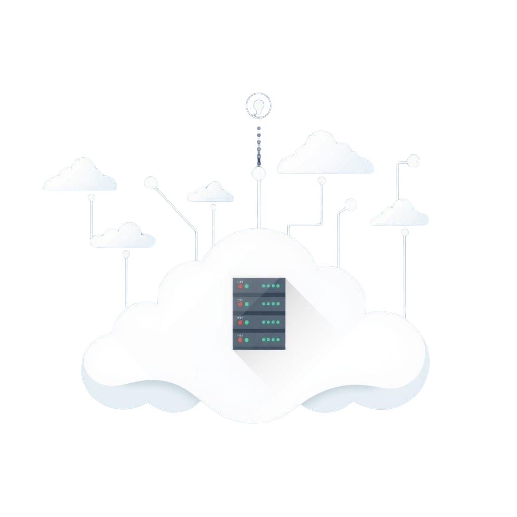 Illustration of cloud technology with servers and data connections, with a transparent background